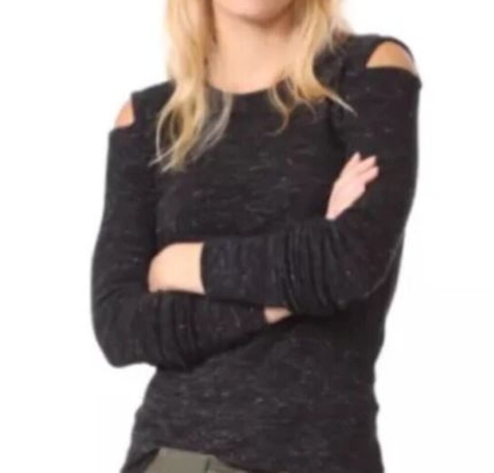 Current Elliott Black Heather Wool Open Shoulder Long Sleeve Pullover Sweater S